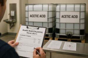 warehouse -helf-with-acetic-acid-totes-and-a-purchasing-checklist-overlay-highlighting-key-specs